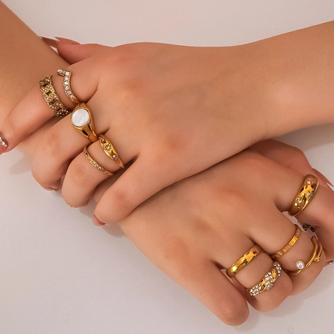 Stainless Steel Rings For Women Elegant Cubic Zirconia Inlaid Stacking Rings Twisted Texture Shell Artificial Pearl Decor Luxury Jewelry