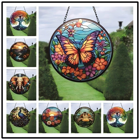 Stained Glass Style Suncatcher Round Acrylic Colorful Butterfly Flower Hanging Ornament Window Wall Decor With Metal Chain