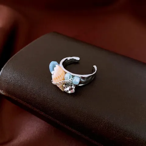 Boheemse Oceaan Stijl Schelp Imitatie Kunstparel Open Ring Vintage Koperen Verstelbare Ring Met Zirkoon Zomer Strand Sieraden