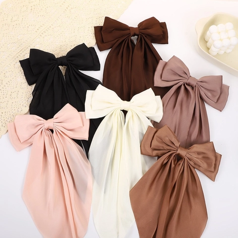 Elegant Minimalist Handmade Satin Long Ribbon Bowknot Spring Hair Clip Large Streamer Top Hairpin Headwear For Women Daily Commuting Jewelry