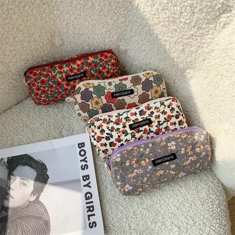 Pastoral Floral Corduroy Pencil Case Large Capacity Vintage Cosmetic Bag Stationery Pouch Secure Zipper Storage Organizer