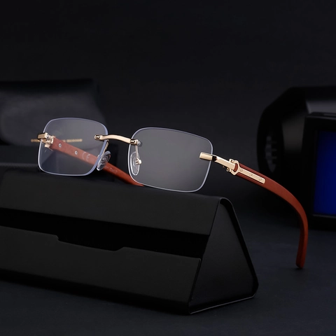 Square Rimless Sunglasses With Faux Wood Grain Temples Metal Hinges Retro Fashion For Men And Women UV400 Protection