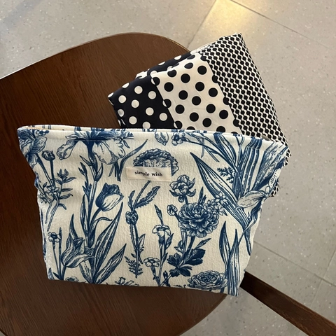 Canvas Makeup Bag Retro Floral Print Zipper Cosmetic Storage Pouch Travel Toiletry Handbag For Women