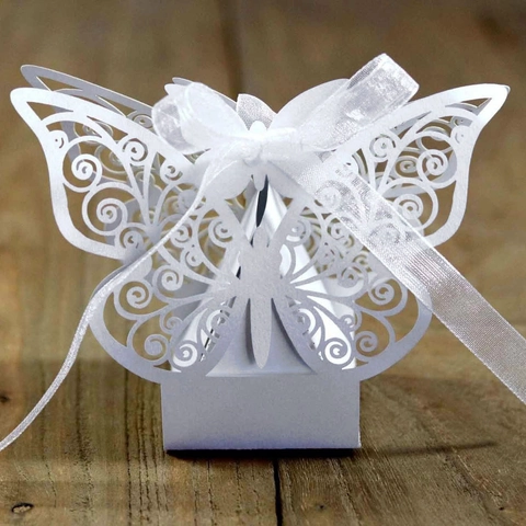 Butterfly Laser Cut Candy Boxes Pearlescent Paper Favor Gift Boxes With Ribbon For Wedding Party Birthday Celebration Elegant