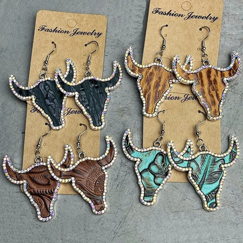Bull Head Dangle Earrings Embossed Cowhide Alloy Rhinestone Bohemian Western Vintage Ethnic Style Jewelry For Women