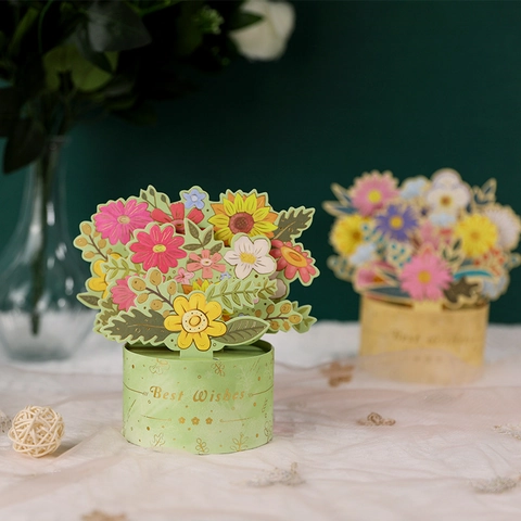 3D Pop-Up Greeting Card Handmade Paper Flower Bouquet Laser Cut With Envelope Gold Foil For Birthday Mother Day