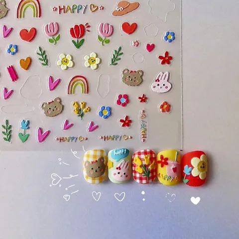 Autocollants Ongles 3D Relief Mignon Dessin Animé Ours Lapin Tulipe Arc-en-Ciel Doodle Décoration Manucure DIY