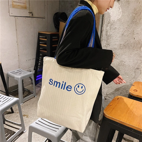 Smile Embroidery Canvas Corduroy Tote Bag Women Large Capacity Shoulder Bag With Ethnic Woven Beaded Strap Casual Handbag