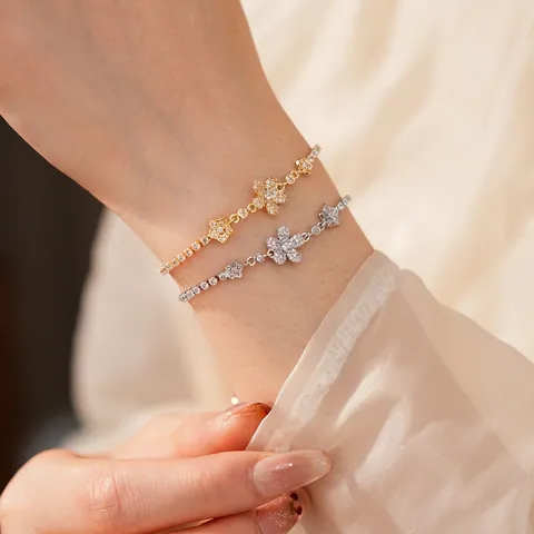 Elegant Copper Flower Star Bracelet With Sparkling Zircon Adjustable Drawstring Luxury Jewelry For Women