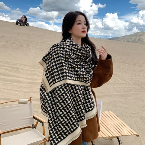 Sciarpa da Donna Pied de Poule in Stile Cashmere Inverno Caldo Grande Scialle Avvolgente Con Nappine Viscosa Morbida Spessa Moda Scaldacollo Lungo