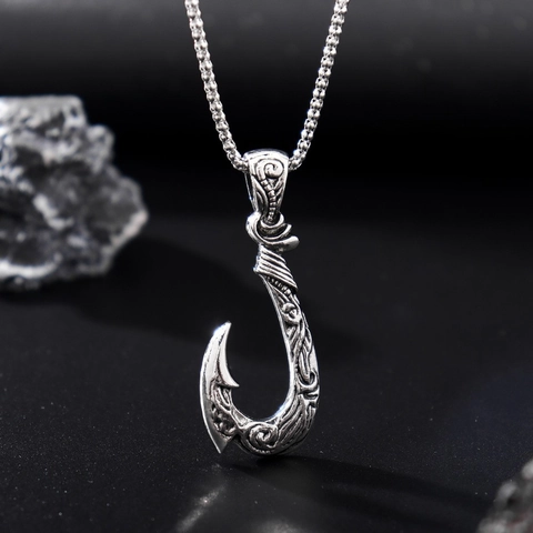 Collana Con Ciondolo A Amo Da Pesca Lega Di Zinco Vintage Motivo Totem Intagliato Tono Argento Gioielli Da Uomo