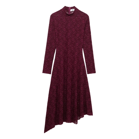 Dames Wijnrode Kant Lange Mouwen Jurk Met Opstaande Kraag En Onregelmatige Zoom Sexy Elegante Party Stijl