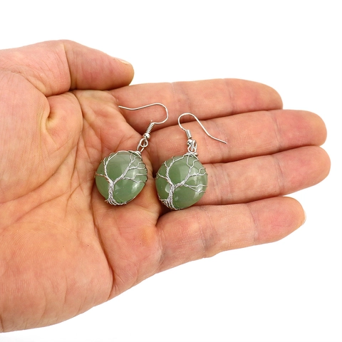 Tree Of Life Dangle Earrings Handmade Wire Wrapped Round Natural Gemstone Alloy Bohemian Vintage Jewelry For Women