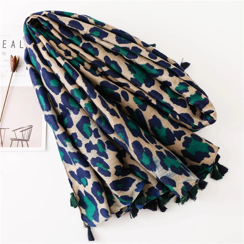 Sciarpa Lunga Da Donna Stampa Leopardata Scialle Grande Tocco Cotone Nappe Wrap Vintage Boho Blu Verde Cachi
