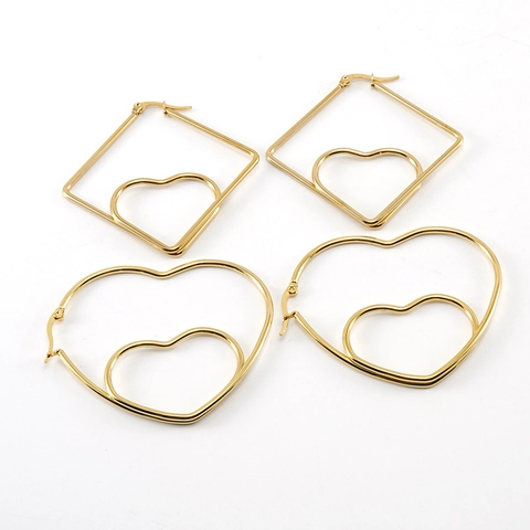 Stainless Steel 18K Gold Plated Heart Square Geometric Hoop Earrings For Women Western Fashion Simple Elegant Polished