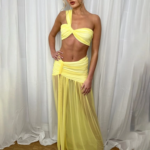 Single Shoulder Ruched Crop Top And High Slit Mesh Maxi Skirt Polyester Sexy Summer Vacation Streetwear Women