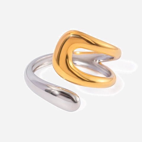 Moderne Edelstahl Bi-Color Offener Ring Für Damen Gold Silber Gemischt Unregelmäßig Skulptural Geometrisch Verstellbarer Schmuck