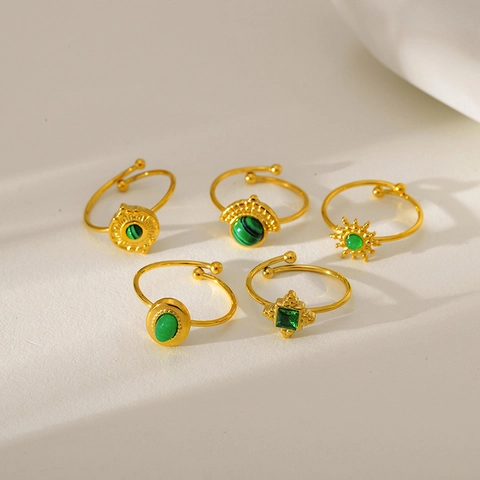 Green Natural Stone Ring Gold Plated 304 Stainless Steel Adjustable Open Band Geometric Vintage Fashion Jewelry For Women