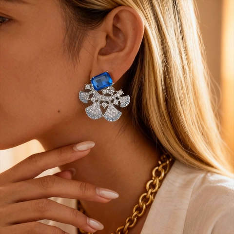 Orecchini Pendenti A Ventaglio Con Strass Blu E Perno In Argento Stile Vintage Di Lusso Per Donna