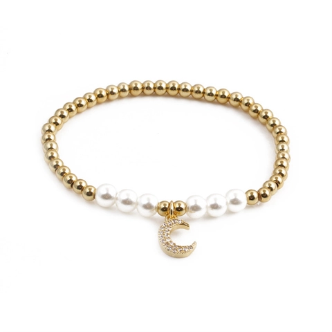 Elegant Copper Bead And Faux Artificial Pearl Bracelet For Women Zircon Moon Pendant Adjustable Celestial Gold Plated Jewelry