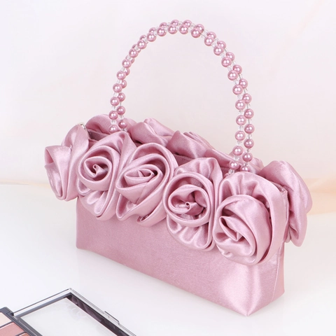 Borsa Da Sera In Satin Con Rose Fatte A Mano E Manico Di Künstliche Perle Per Matrimoni Feste Donne Eleganti