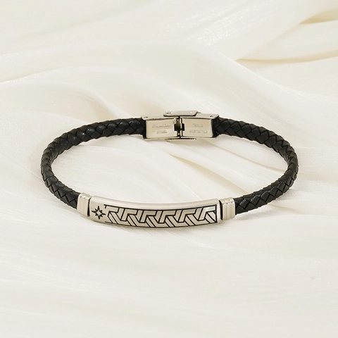 Geflochtenes Lederarmband Mit Edelstahl Stern ID Platte Geometrische Muster Punk Schmuck Für Herren Damen