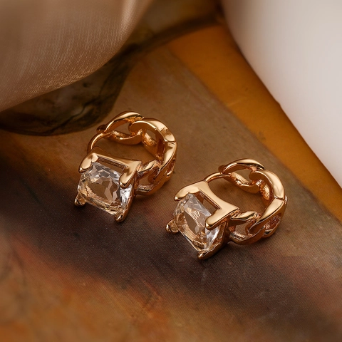 Fashion Copper Gold Plated Square Zirconia Geometric Huggie Hoop Earrings For Women Lightweight Chain Pattern Jewelry