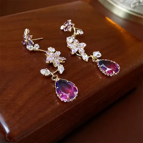 Boucles D'oreilles Pendantes Fleurs Violettes Avec Zircon Cristal Alliage Et Tige En Argent Style Français Élégant Vintage