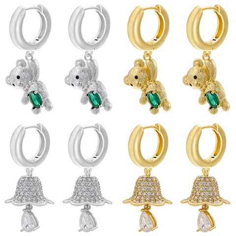 Boucles d'Oreilles Pendantes Mignonnes en Cuivre Petit Ours et Muguet pour Femmes Élégantes Boucles d'Oreilles Strass Plaqué Or Argent