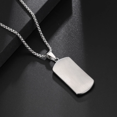 Men Pendant Necklace Titanium Stainless Steel With Black Rhinestone Geometric Dog Tag Hip Hop Rock Cool Jewelry