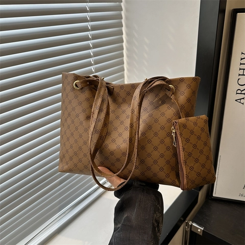 Damen Vintage Monogramm PU Leder Tote Bag Set Große Kapazität Geometrischer Druck Schulterhandtasche Mit Kleinem Beutel