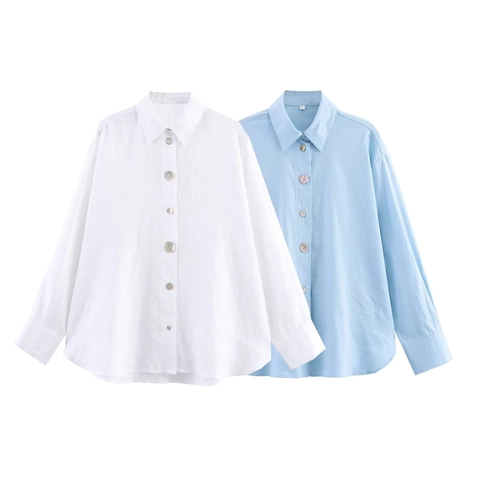 Women Blouse Long Sleeve Shirt Faux Linen Polyester Single Breasted Solid Color Curved Hem Casual Office Wear Top