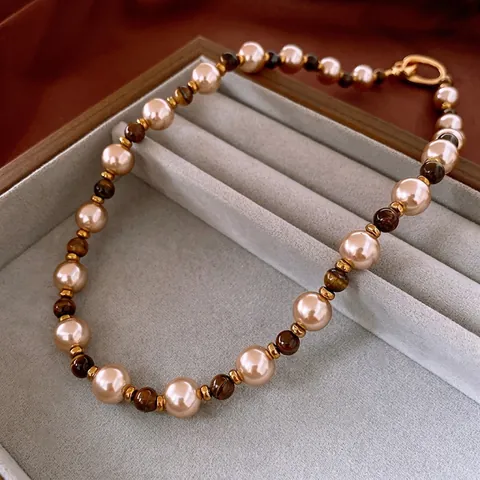 Retro Artificial Pearl And Tiger Eye Stone Beaded Necklace Gold Plated Copper Elegant Round Beads Vintage Style Sweater Chain For Women
