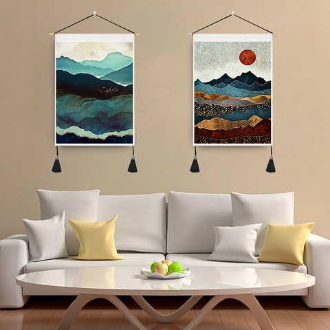 Abstract Landscape Hanging Scroll Tapestry Nordic Mountain Sun Pattern Fabric Wall Art With Wooden Rod And Tassels