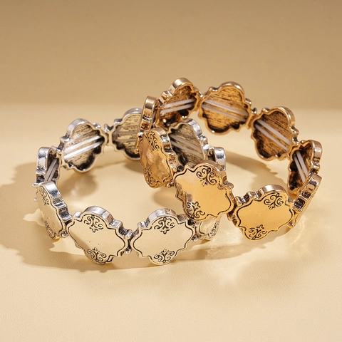Vintage Legierung Armband Kleeblatt Blumenmuster Geprägt Elastisch Retro Modeschmuck Damen