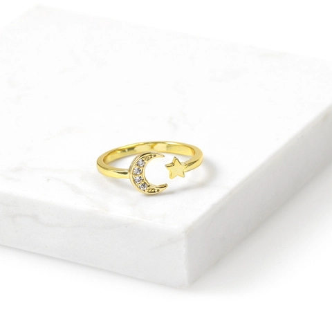 Moon And Star Open Ring Copper With AAA Zirconia Elegant Adjustable Jewelry For Women