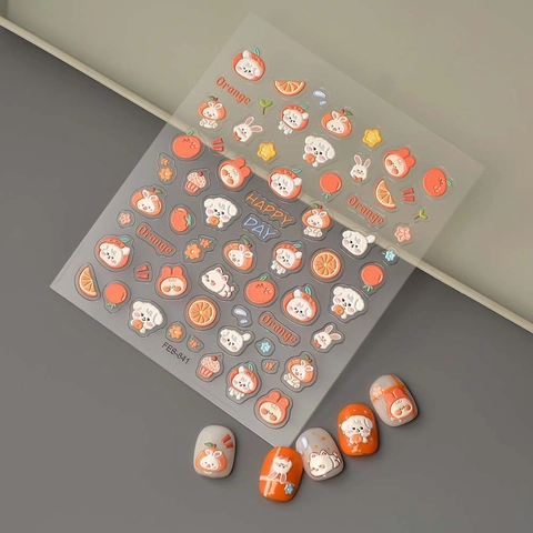 5D Reliëf Nagelstickers Schattige Cartoon Puppy Konijn Oranje Fruit 3D Waterdichte DIY Manicure Decoratie