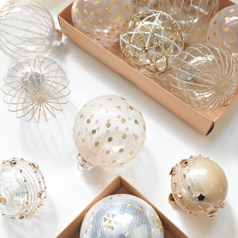Champagne Lace Mesh Christmas Ball Ornaments Transparent Glitter Artificial Pearl Sparkly Tree Hanging Decorations Elegant Festive Holiday Decor