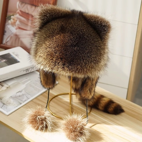 Waschbär Kunstpelz Trappermütze Mit Tierohren Langem Gestreiftem Schwanz Bommeln Winter Warme Ohrenklappenkappe