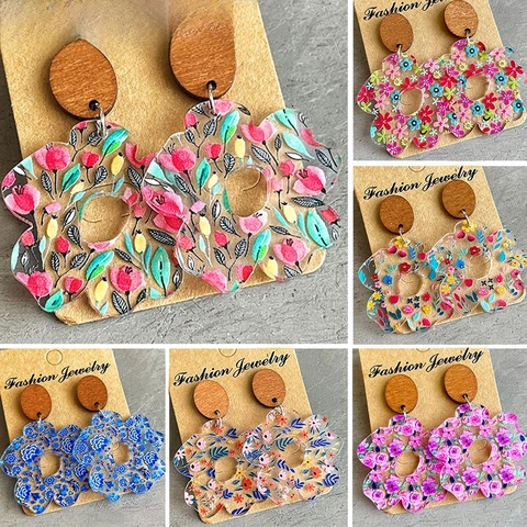 Floral Pattern Drop Earrings Wood Circular Top Acrylic Flower Petals Bohemian Retro Style Accessory For Women
