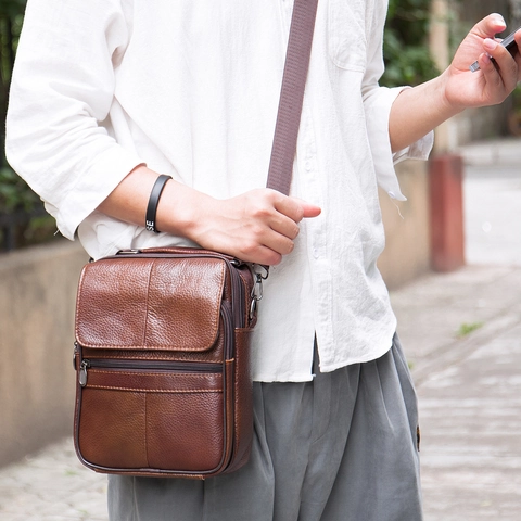 Men Genuine Leather Messenger Bag Vertical Top Layer Cowhide Shoulder Crossbody Handbag Business Casual Travel Solid