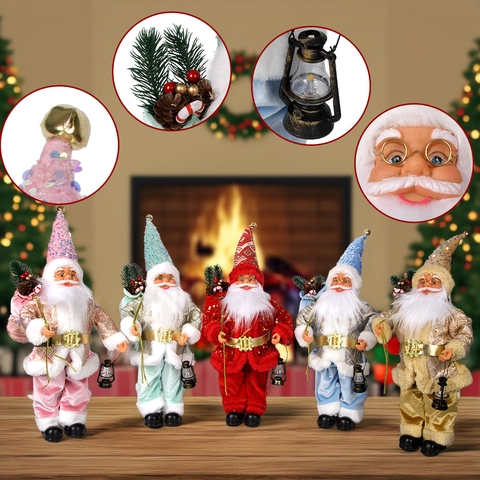 Figura De Papá Noel Decoración De Navidad Muñeco De Pie Sombrero Lentejuelas Traje Terciopelo Con Linterna Bolsa Regalo