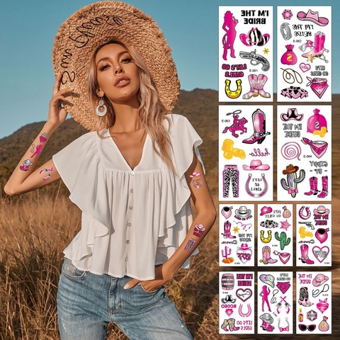 Autocollants De Tatouage Temporaire Cow-Girl Thème Western Rose Imperméable Pour Enterrement Vie Jeune Fille Mariée Filles