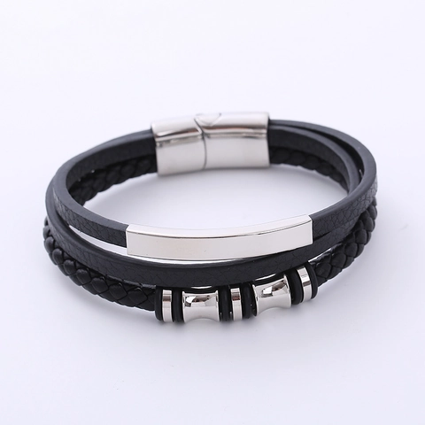 Geflochtenes Lederarmband Für Herren Mehrlagig Edelstahl Perlen Magnetverschluss Retro Punk Mode Armreif