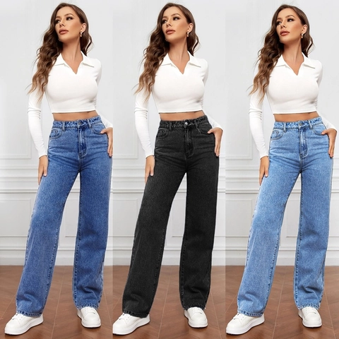 Vaqueros de Cintura Alta y Pierna Recta para Mujer Pantalones de Mezclilla Lavados Vaqueros de Algodón de Color Sólido Largo Completo