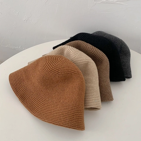 Women Knitted Bucket Hat Acrylic Ribbed Warm Solid Color Casual Winter Autumn Fisherman Cap