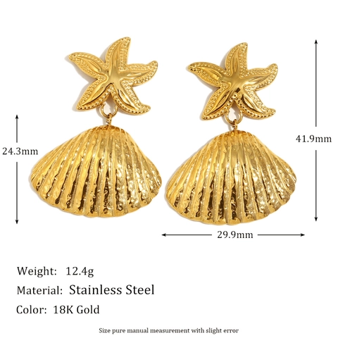 Starfish Shell Stud Earrings Stainless Steel 18K Gold Plated Ocean Sea Theme Fashion Jewelry For Women
