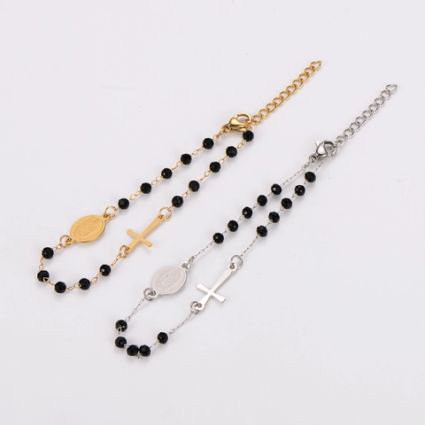 Rosary Beaded Bracelet 304 Stainless Steel Cross Virgin Mary Medal Charm Vintage Religious Jewelry For Men Women