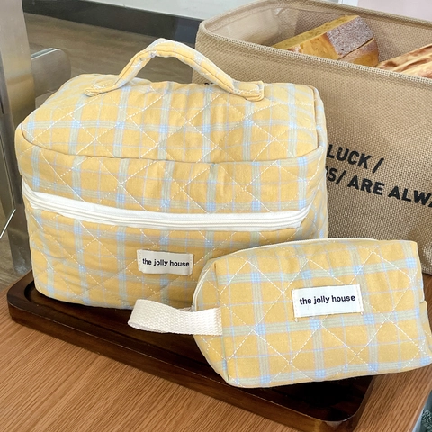 Borsa Da Toilette Trapuntata Grande Capacità Astuccio Trucco A Quadri Organizzatore Da Viaggio Portatile Tessuto Morbido Pochette