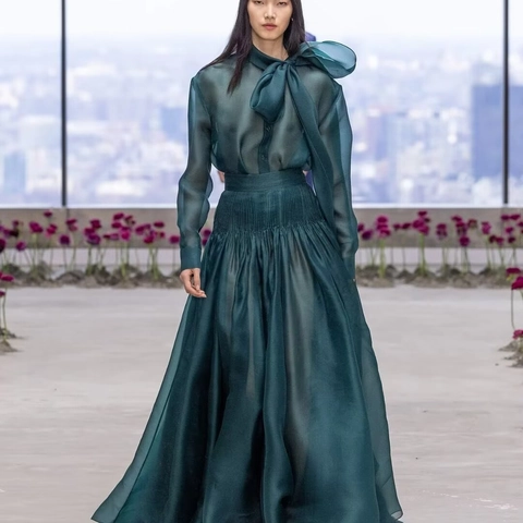 Donkergroen Organza Overhemd Met Lange Mouwen En Strik En Gesmokte Mesh Maxi Rok Elegante Vintage Outfit Dames